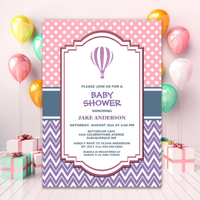 Purple Striped Hot Air Balloon Baby Shower Invitation (Creator Uploaded)