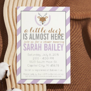 Purple Striped Little Deer Baby Shower Invite