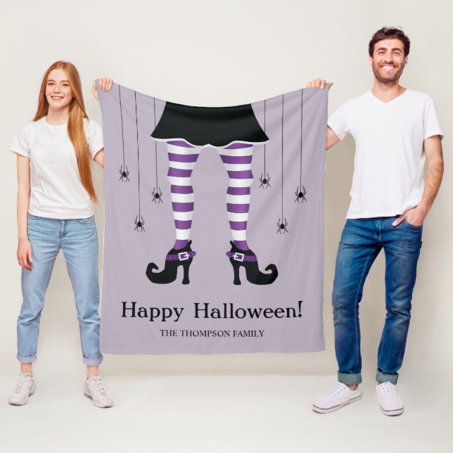 Purple Striped Witch Legs And Spiders Halloween Fleece Blanket (In Situ)