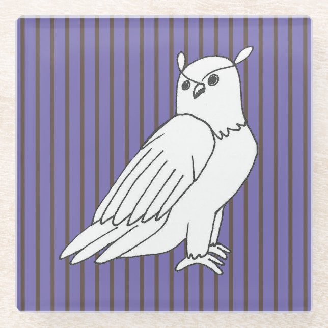 Purple Stripes Artistic Owl Glass Coaster (Front)