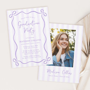 Purple Stripes Bow Frame Graduation Party Photo Invitation