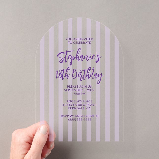 Purple Stripes Brush Script 18th Birthday Acrylic Invitations (Insitu (Handheld))