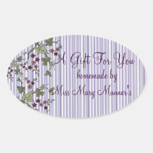 Purple Stripes & Flowers Homemade Oval Sticker