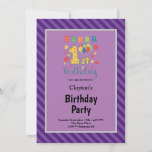 Purple Stripes Framed 1st Birthday Party Invitation
