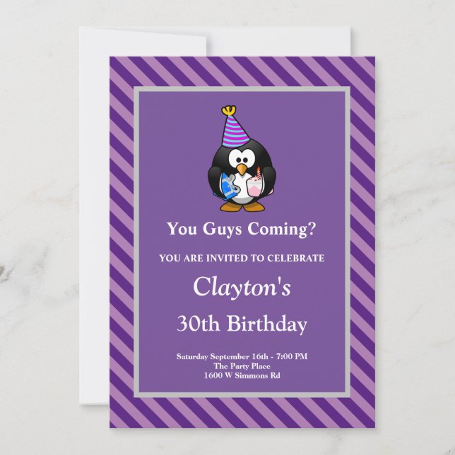 Purple Stripes Framed Funny Birthday Party Invitat Invitation (Front)