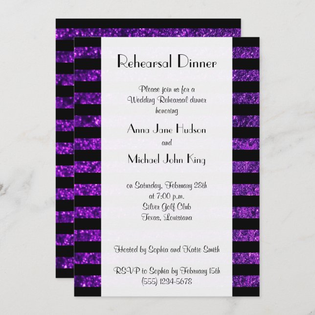 Purple Stripes, Glitter Stripes, Rehearsal Dinner Invitation (Front/Back)