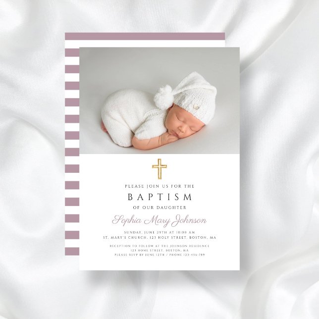 Purple Stripes Religious Cross Photo Baptism Invitation (Purple Stripes Religious Cross Photo Baptism Invitation)