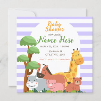 Purple Stripes Safari Animals Baby Shower Invitation