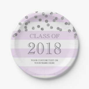 Purple Stripes Silver Confetti Graduation 2018 Paper Plate
