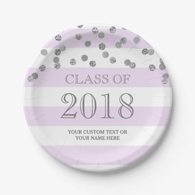 Purple Stripes Silver Confetti Graduation 2018 Paper Plate (Front)