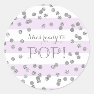 Purple Stripes Silver Confetti She's Ready to Pop Classic Round Sticker