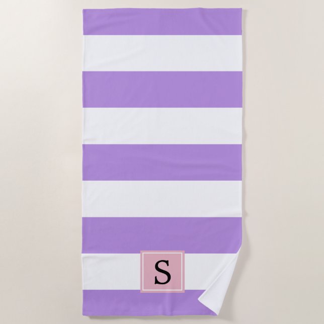 Purple Stripes, Striped Pattern, Lines, Monogram Beach Towel (Front)
