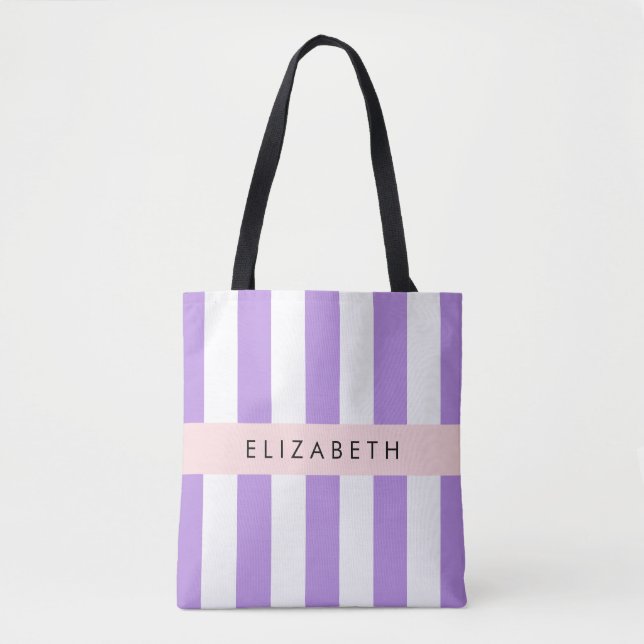 Purple Stripes, Striped Pattern, Lines, Your Name Tote Bag (Front)