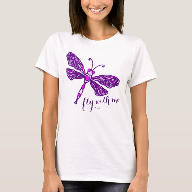 Purple stylised dragonfly fly with me t-shirt (Front)