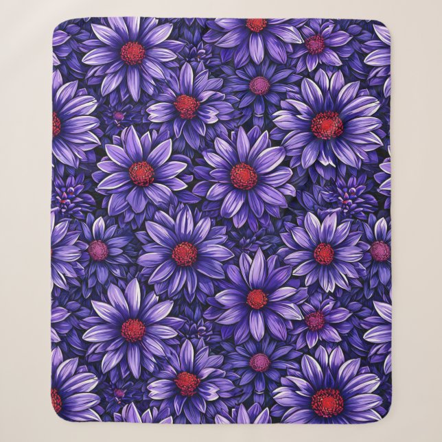 Purple stylised flowers pattern sherpa blanket (Front)