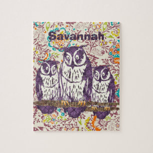 Purple Stylised Geometric Owl Family Jigsaw Puzzle