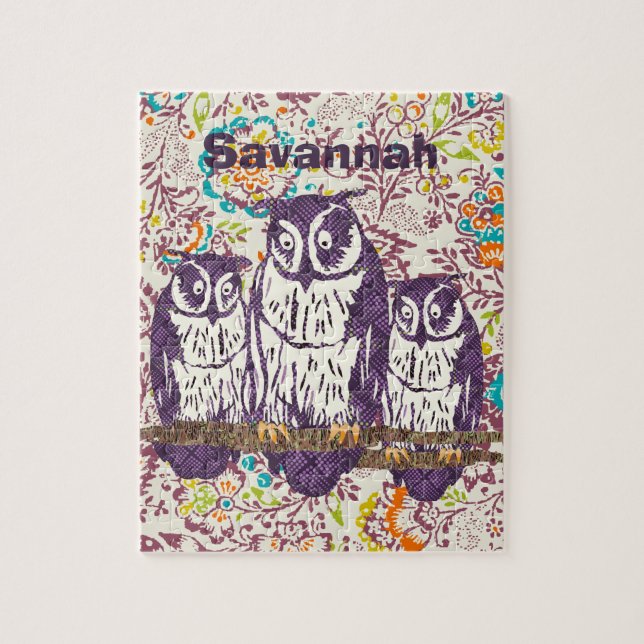 Purple Stylised Geometric Owl Family Jigsaw Puzzle (Vertical)