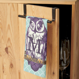 Purple Stylised Geometric Owl Family Tea Towel