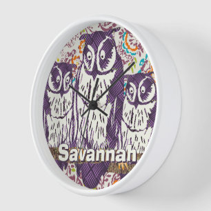 Purple Stylised Geometric Owl Family Wall Clock