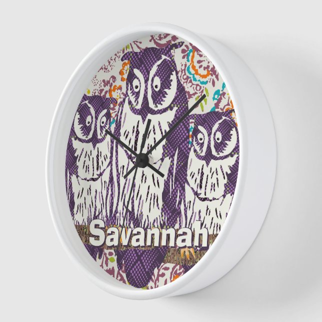 Purple Stylised Geometric Owl Family Wall Clock (Angle)