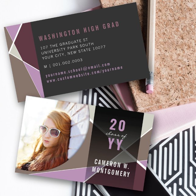 Purple Stylish Geometric Lines Mod Photo Graduate Calling Card (Purple Stylish Geometric Criss Cross Photo Graduation Calling / Name Card @ zazzle.com/color_therapy)