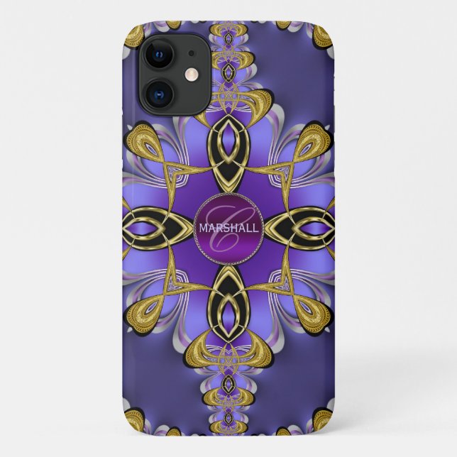 Purple Stylish Satin Lace Art Monogram iPhone Case (Back)