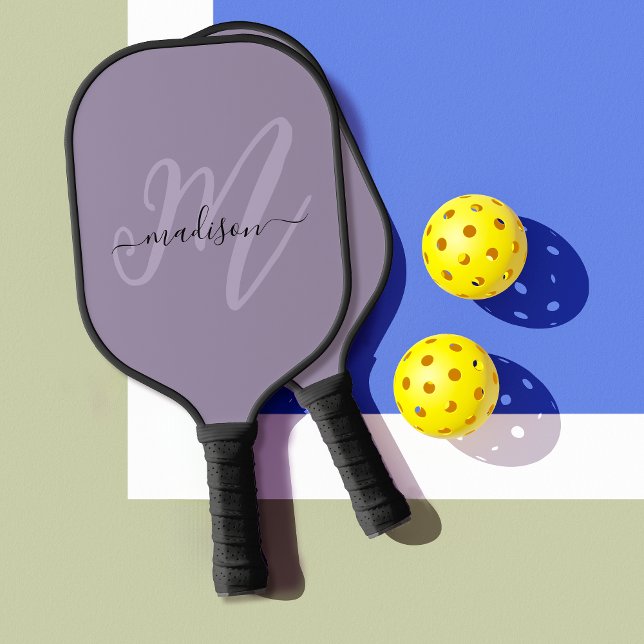 Purple Stylish Script Monogram and Name Pickleball Paddle (Personalize with your monogram initial and name.)