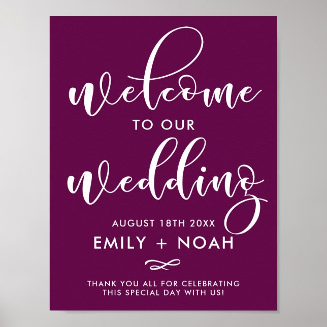 Purple Stylish Script Welcome to Our Wedding Sign (Front)