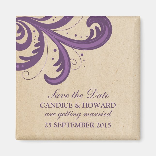 Purple Stylish Swirls Save the Date Magnet (Front)