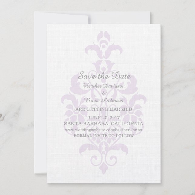 Purple Subtle Damask Save the Date Invite (Front)