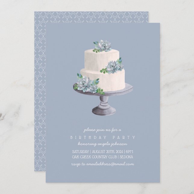 Purple Succulent Birthday Cake 2 Invitation (Front/Back)