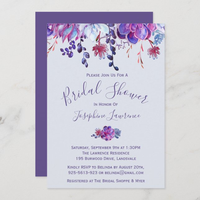 Purple Succulents Bridal Shower Invitation (Front/Back)