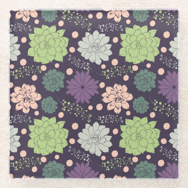 Purple Succulents Floral Pattern Fabric Glass Coaster (Front)