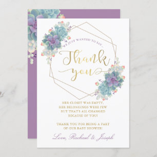 Purple Succulents Gold Geometric Baby Shower Thank You Card