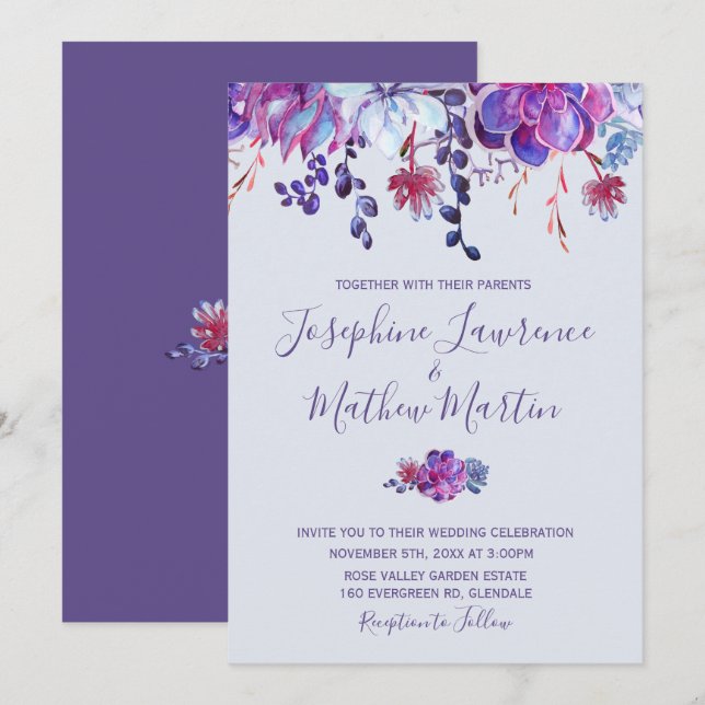 Purple Succulents Wedding Invitation (Front/Back)