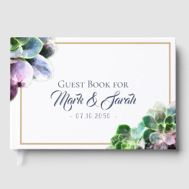 Purple Succulents with Blue Text Tan Line Wedding Guest Book (Front)