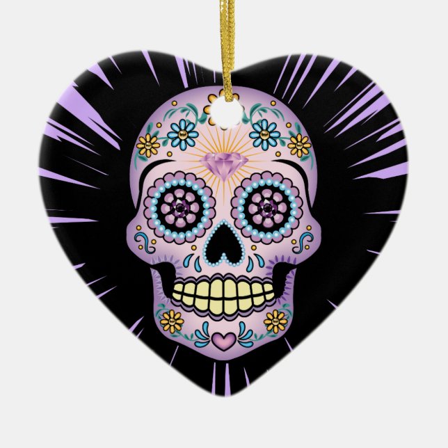 Purple Sugar Skull Ceramic Tree Decoration (Front)