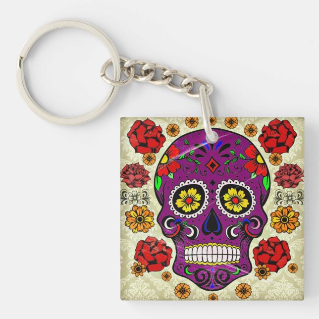 Purple Sugar Skull Day of the Dead Key Chain (Front)