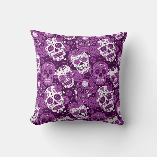 Purple sugar skull floral ornamental pattern cushion (Front)