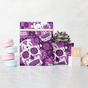 Purple sugar skull floral ornamental pattern wrapping paper