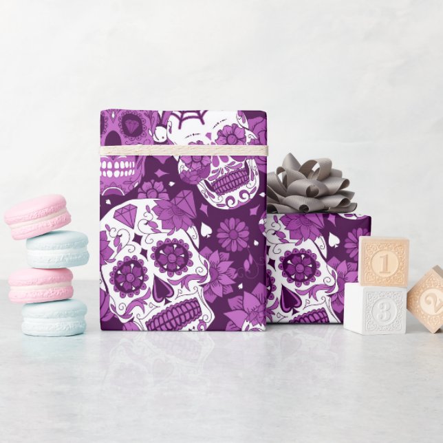 Purple sugar skull floral ornamental pattern wrapping paper (Baby Shower)