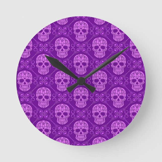 Purple Sugar Skull Pattern Round Clock (Front)