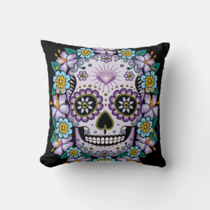 Purple Sugar Skull with Flowers Cushion