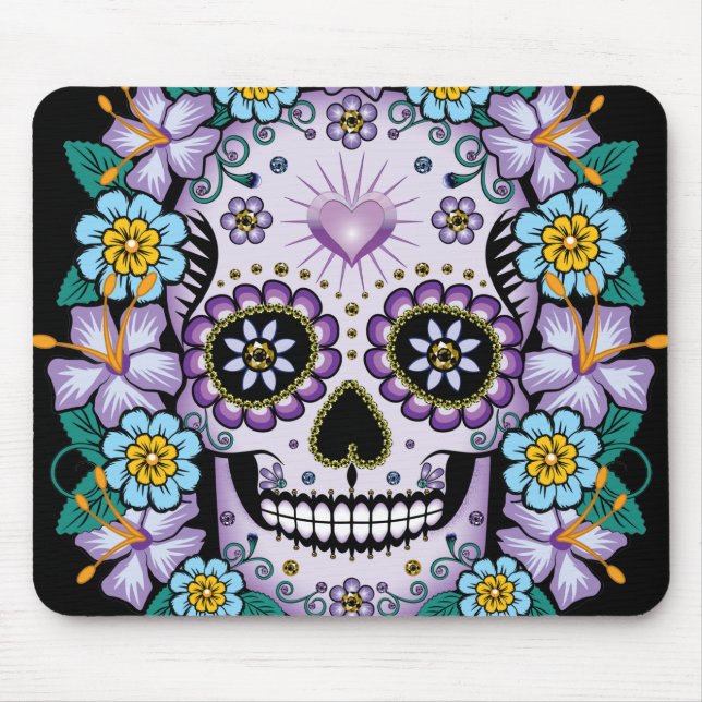 Purple Sugar Skull with Flowers Mouse Pad (Front)