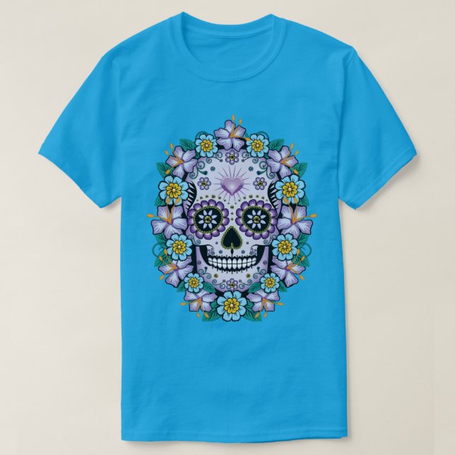 Purple Sugar Skull with Flowers T-Shirt (Design Front)