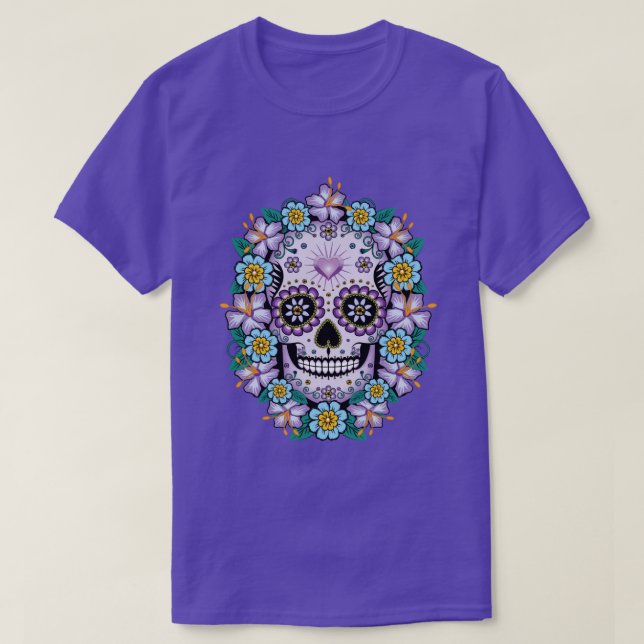 Purple Sugar Skull with Flowers T-Shirt (Design Front)