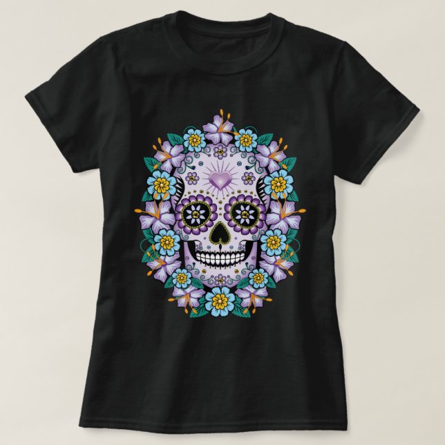 Purple Sugar Skull with Flowers T-Shirt (Design Front)