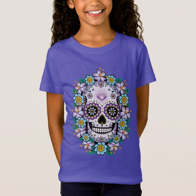 Purple Sugar Skull with Flowers T-Shirt (Front)