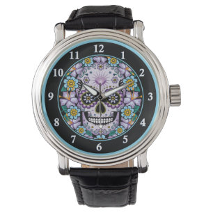 Purple Sugar Skull with Flowers Watch