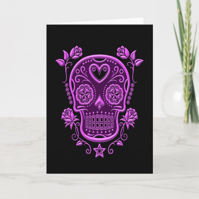 Purple Sugar Skull with Roses on Black Card (Front)